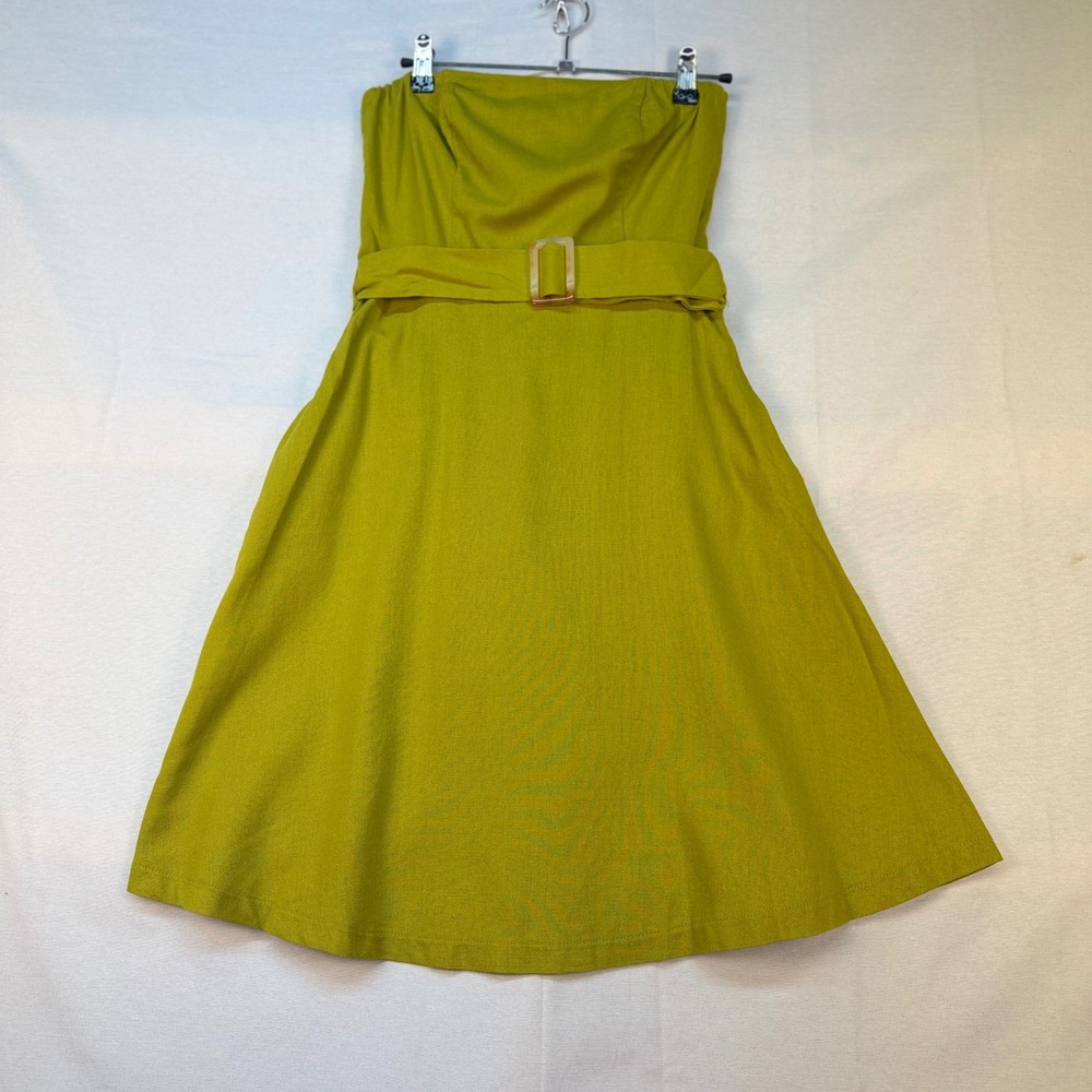 Monteau Los Angeles Strapless Linen Blend Belted Midi Dress Chartreuse Green S